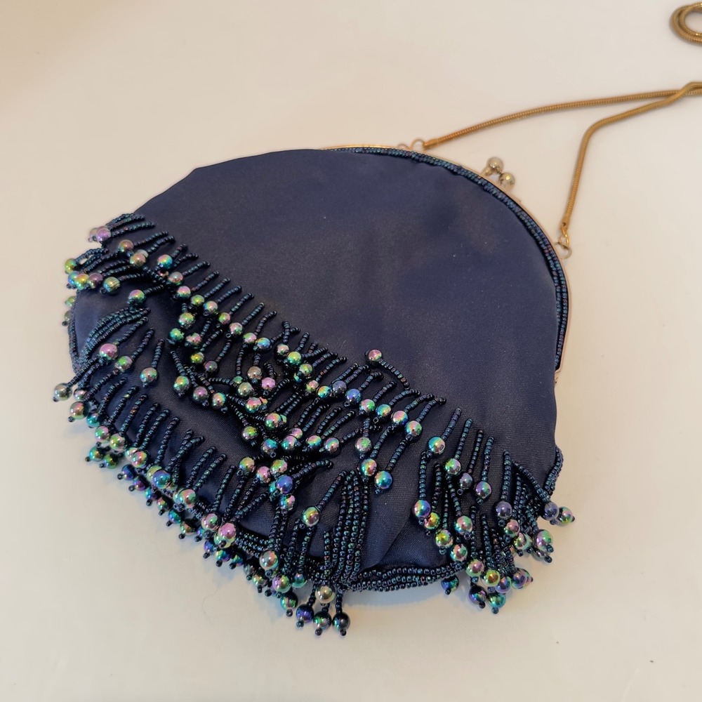 Vintage Navy Blue Satin Beaded Fringe Evening Bag Iridescent Oil Slick Kiss Lock - Picture 2 of 11